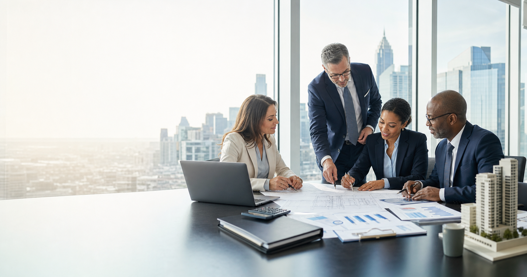 Real estate finance professionals reviewing plans and financial documents